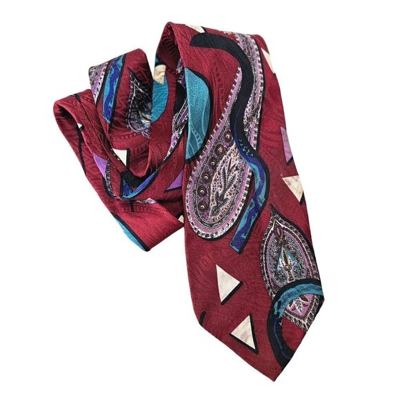 Albert Nipon Silk Tie Hand Made Burgundy Turquoise Lavender Abstract Paisley 4"W - Picture 1 of 6